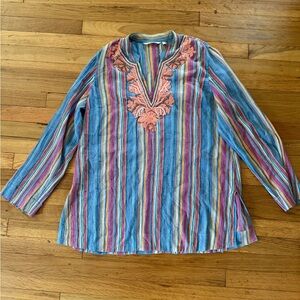 Soft‎ Surroundings Top Women Large Orange Blue Beaded Stripe Gauze Tunic Boho